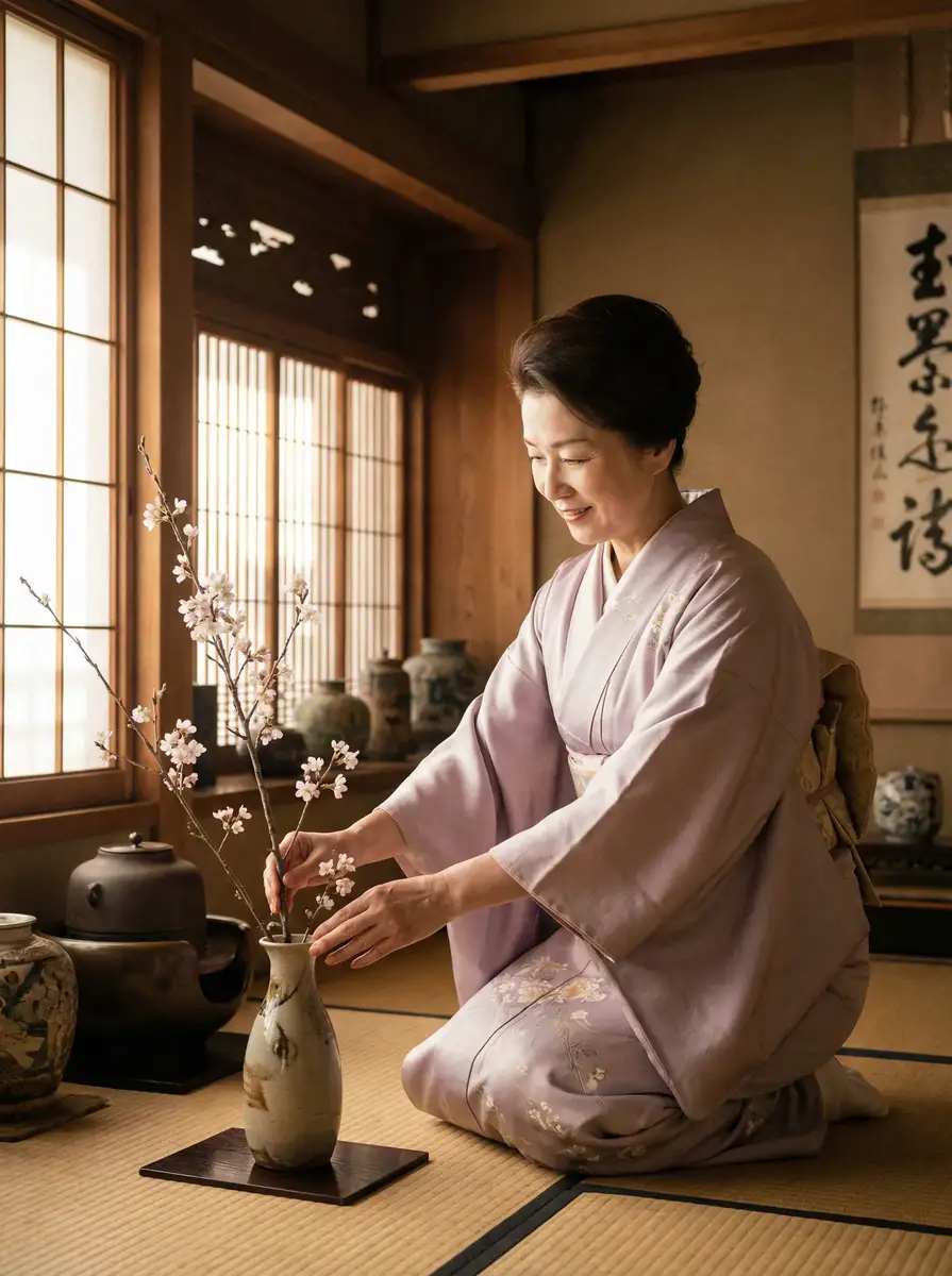 一位优雅的 夜夜春宵老扒40部分 在和室中插花